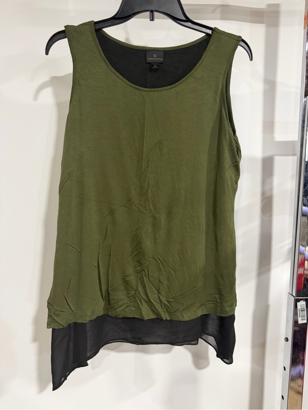 Worthington Olive Green Layered Tank with Black Chiffon Hem